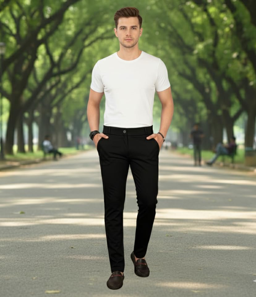 Men's Classic Track Pants, Slim Fit, Lycra Blend Stretchable Business Casual Dress Pants, 4 Pockets, Button and Zipper Closure-image-40