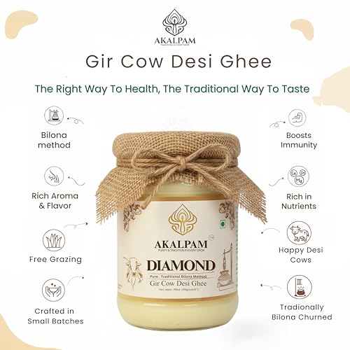 Image of Akalpam Diamond A2 Gir Cow Ghee 500ml | Bilona Churned Desi Ghee | Grass Fed Gir Cow Milk | 330+ Lab Tested | Pure Natural A2 Ghee | Glass Jar | Traditional Vedic Bilona Method | No Preservatives