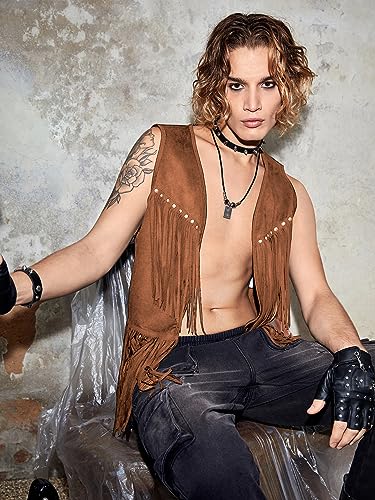 Image of Verdusa Men's Sleeveless V Neck Studded Detail Fringe Trim Open Front Vest Jacket