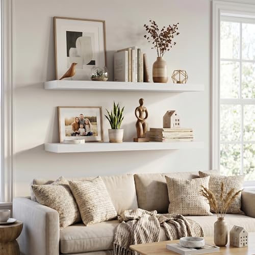 Image of Fun Memories Deep Floating Shelves, 36 inch W x 12 inch D Wood Floating Shelves for Wall, 3 Pack Extra Deeper & Thicker Wall Mounted Storage Shelf for Living Room Laundry Room Kitchen Home Office, White
