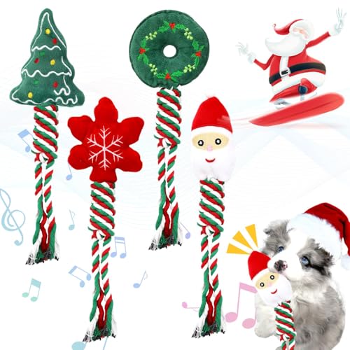 Tyafzzn 4 Stück Hundespielzeug Weihnachten, Hundespielzeug Unzerstörbar, Naturbaumwolle Hundespielzeug, Tolles Hundespielzeug für Geschenke für Hunde