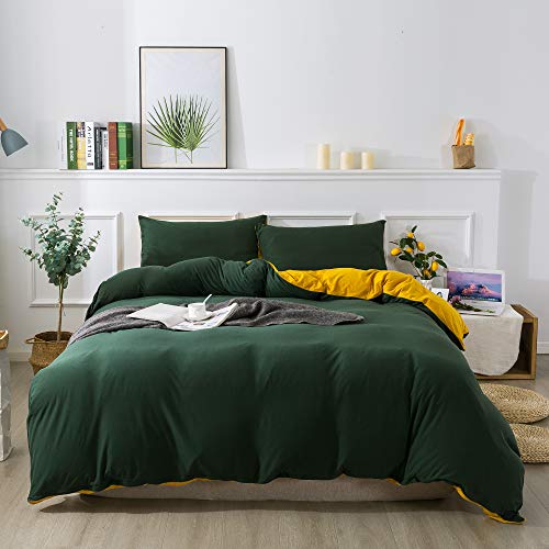 Exclusive Discount 🔥 Household 3-Piece Duvet Cover Queen, 100% Jersey Knit Cotton Duvet Cover, Ultra Soft and Easy Care, Simple Style Bedding Set (Dark Green and Yellow, Full/Queen)