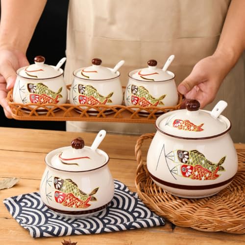 Tarro de cerámica para especias de 300ml con tapa y cuchara para cocina 7