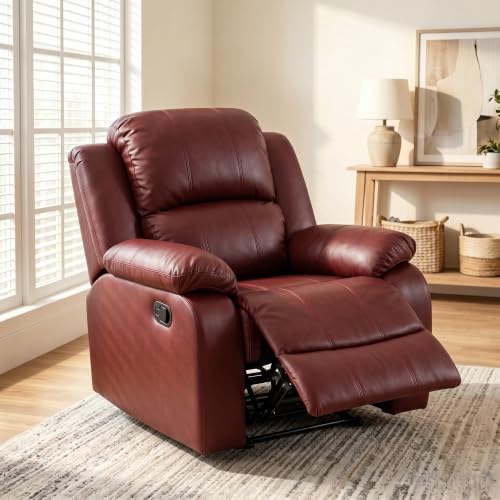 Image of Single Leather Manual Recliner Chair, Oversized Lazy Boy Recliner with Home Theater Seating, Breathable Living Room Reclining Chair for Adults Reading, Gaming, Relax, Red