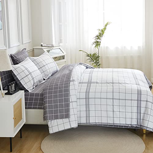 Image of EMME Queen Comforter Set - 7-Piece Bed in a Bag for All Seaon, Ultra Soft Bedding Set with Comforter, Flat Sheet, Fitted Sheet, Pillowcase, Pillow Sham (Plaid-White, Full /Queen)