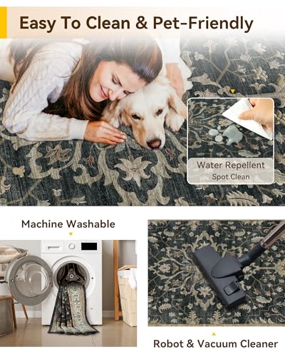 Image of RELEANY Washable Area Rug, 5'x7', Black /Vintage /Beige | Non-Slip, Water Repellent, Pet Friendly, Easy to Clean, Vintage Floral Boho Decor for Living Room Bedroom Dining Room Office