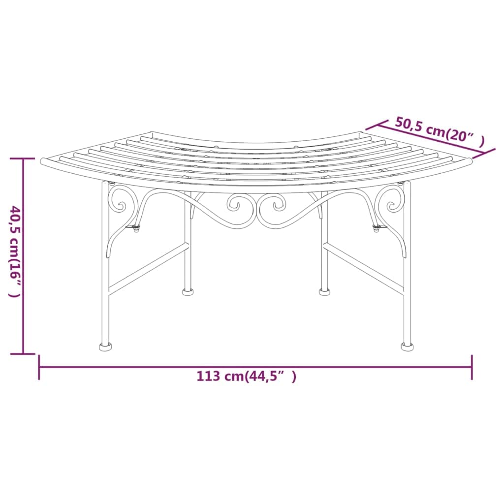 Banco de jardín semicircular de metal de acero 113 cm, color negro