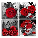 Canvas Wall Art Red Rose Painting Black and White Wall Art Flower Pictures Canvas Print for Living...