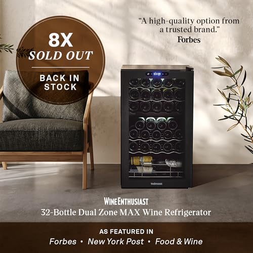Image of Wine Enthusiast 32-Bottle Dual Zone MAX Compressor Wine Cooler - Freestanding Mini Fridge with Digital Touchscreen, LED Display, Split Storage for Red & White Wines, Matte Black Refrigerator Home Bar