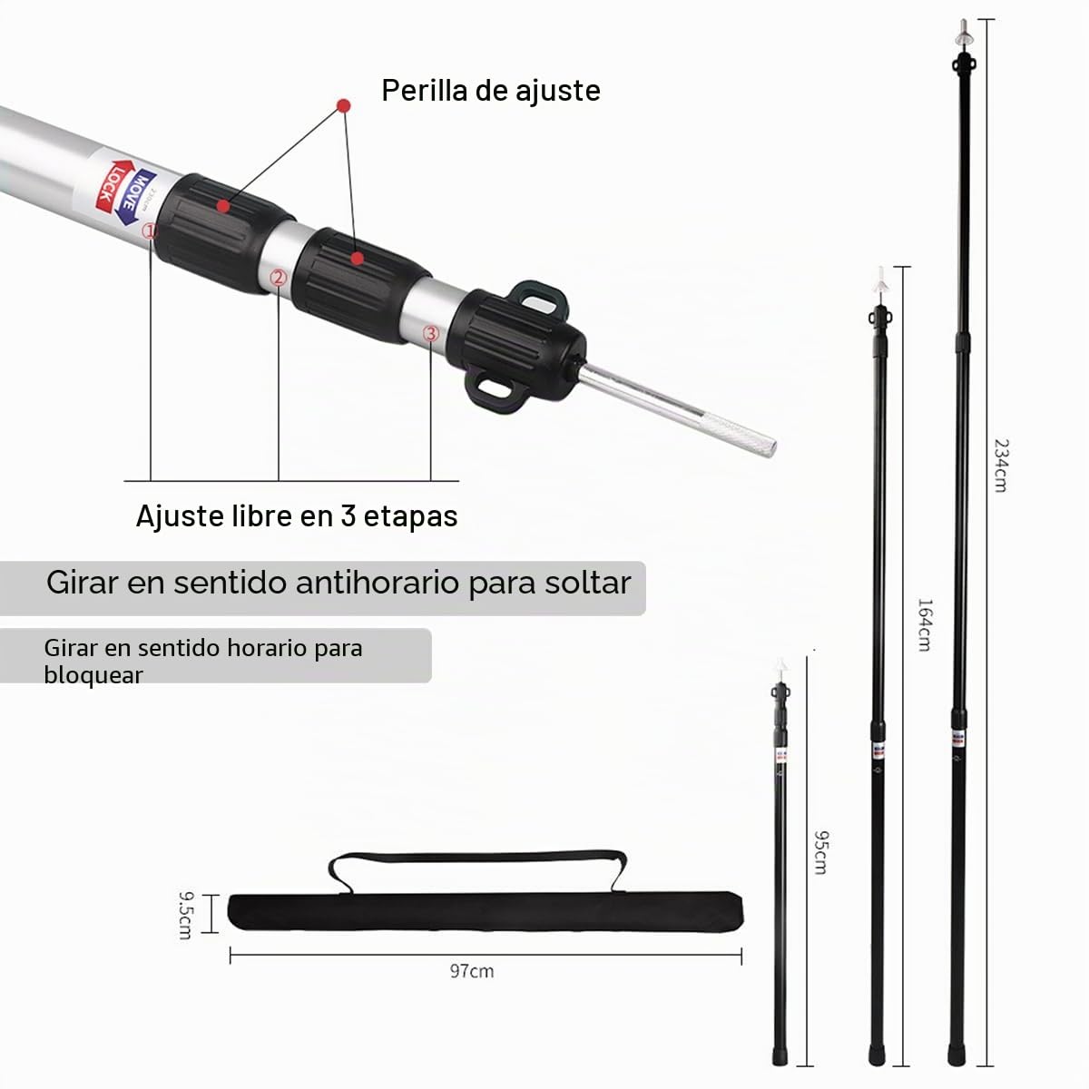 Tiandirenhe Barra telescópica para tiendas de campaña, barras de toldo, barras telescópicas, soporte de toldo de aluminio, 95 – 234 cm, poste de tienda de campaña, postes de camping para lonas,