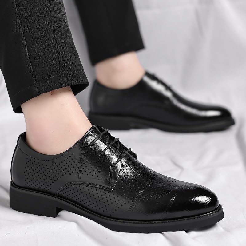 HOOENG Formal Shoes for Men Lace Up Pointed Burnished Toe Breathable PU Leather Derby Shoes Non Slip Block Heel Low Top Rubber Sole Slip Resistant Business(Color:Black,Size:7)3
