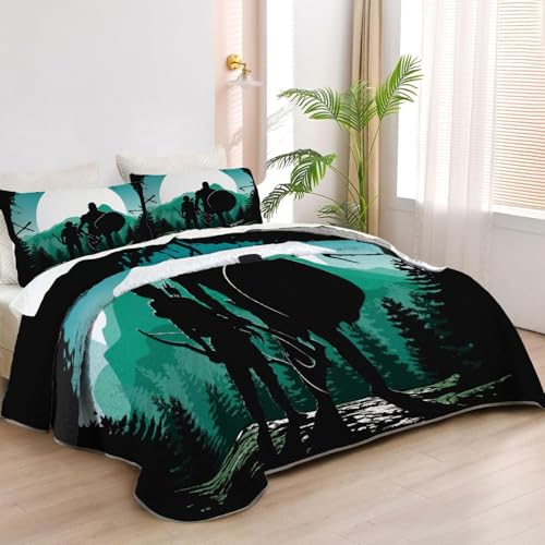 Allenjoy Twin Size Warrior and Child Silhouette Quilt Bedspreads Forest Moonlight Scene Bed Set Bedding Coverlet Fabric Washable with 1 Pillow Sham SC00684-007