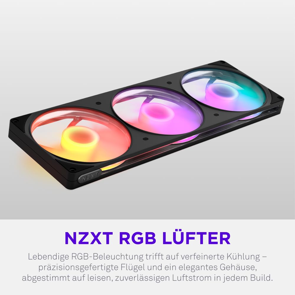NZXT F420 RGB - 420mm single-frame PWM RGB Lüfter - Schwarz | 420mm single-frame Einheit mit drei 140mm PWM RGB-Lüftern. Lebendiges RGB und Gleitlager für leise Kühlung.