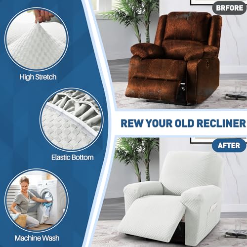 Image of YEMYHOM 4 Pieces Stretch Recliner Slipcover Jacquard Recliner Chair Cover with Side Pocket Anti-Slip Fitted Recliner Cover Couch Furniture Protector with Elastic Bottom (Recliner, White)