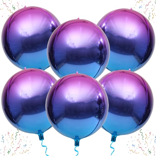 Image of blue purple balloons - 22 inches, 6 pack rainbow colored balloons for galaxy birthday party decorations, round 4D metallic balloons, purple and blue balloons for galaxy party decorations