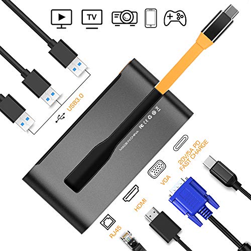 USB C HUB - 7-in-1 Type C Hub Adapter Docking Station w/Ethernet Port, 4K USB C to HDMI, VGA, 3 USB 3.0 Ports, 100W USB-C PD Fast Charge Portable for MacBook Pro, Switch & Meeting, Presentation, Game