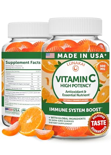 Image of Lunakai USA Made High Potency Vitamin C Gummies for Adults and Kids - 300mg Immune Support - Non-GMO, Vegan, Delicious Orange Flavor, 60ct