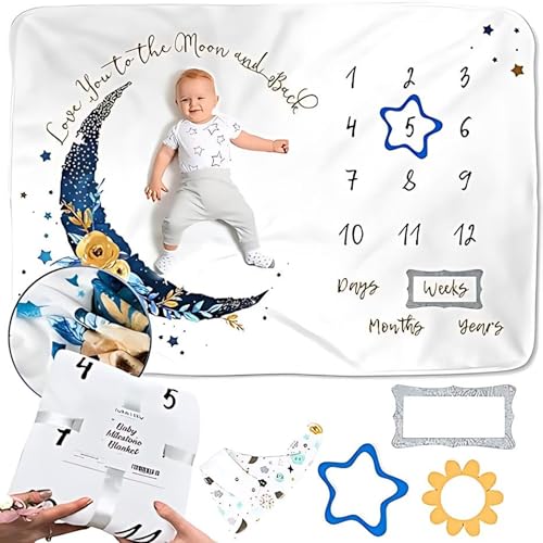 Image of Luka & Lily Baby Milestone Blanket - Ultra Soft Fleece Monthly Milestone Blanket for Baby Girl and Boy - Perfect for Baby's First Year Growth Chart - Monthly Baby Milestone - Gold Moon - 60"x40"