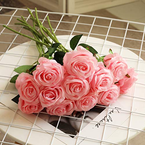 Image of Tifuly 12 Pcs Artificial Roses, 19.68 inch (50cm) Single Long Stem Fake Silk Rose Bridal Bouquet, Realistic Flower for Home Garden Party Hotel Office Decoration (Blurred Roses, Light Pink)