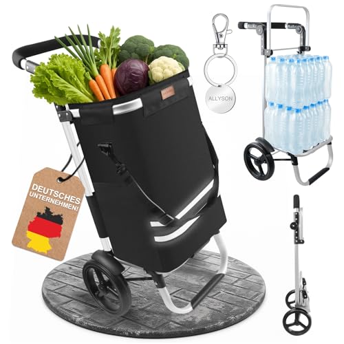 Allyson® Einkaufstrolley Klappbar, Einkaufswagen mit 56L Kapazität & Wasserdichter Tasche, Shopping-Trolley mit Geräuschlosen Rädern & Belastbar bis 50kg, Trolly mit Kühltasche & Reflektoren – Schwarz