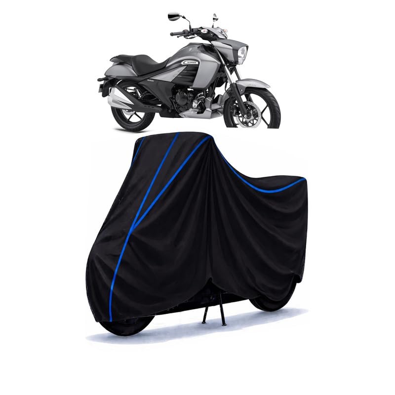 Image of Suzuki Intruder Bike Cover Water Resistant Universal Motorcycle Rain | Heavy Duty UV Protection, Dust, Scratch Indoor Outdoor All Weather with Black Blue Piping Elastic