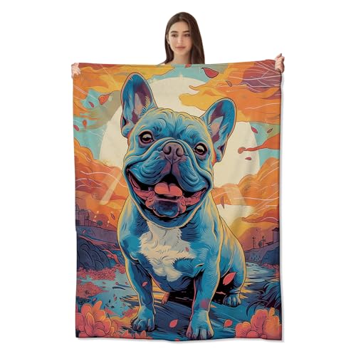 amepay Decke mit französischer Bulldogge für Jungen, Mädchen, Erwachsene, Sonnenuntergangs-Farbtöne, weich und gemütlich, warm, Flanell-Fleece-Überwurf, leicht, Plüsch-Komfort für Couch, Bett, Reisen