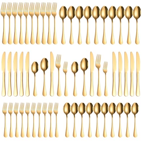 60-Piece Gold Silverware Set for 12 Stainless Steel Flatware Cutlery Set with 5-Piece Place Settings Mirror Polished Forks Knives Spoons Teaspoons Dishwasher Safe for Home Wedding Restaurant