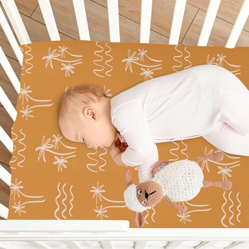 Image of Palm Tree Ocean Waves Boho Orange Fitted Crib Sheets Stretchy Portable Playard Sheets for Baby Toddler, Breathable Soft Mini Crib Mattress 52 x 28 in for Boys and Girls, Pink
