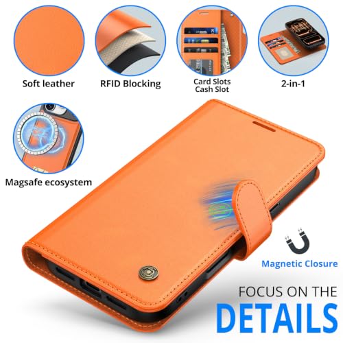 Étui cuir véritable iPhone 17 Pro antichoc charge sans fil orange - 6