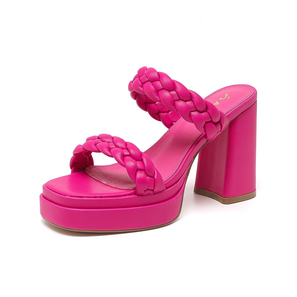 Amoji Women 4 Inch Platform Chunky Heels Two Strap Slip On Heeled Braided Sandals 314