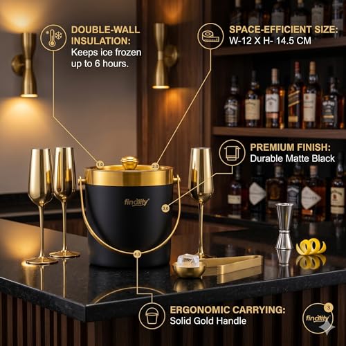 Image of finality 1 LTR Double Walled Stainless Steel Insulated Ice Bucket with Lid (Gold+Black)