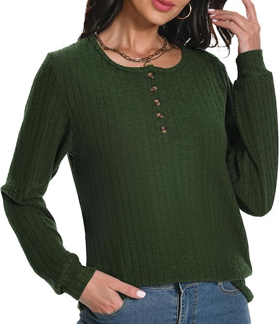 Rolcoassuns Damen Pullover Rundhals Langarm Henley Shirts Casual Leichte Tunika Strickpullover Modische Oberteile