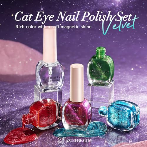 Image of AZUREBEAUTY Cat Eye Magnetic Nail Polish Set, Quick Dry Non-Gel Holographic Fingernail Mooncat Polish with Top Coat, 4 Colors (Red, Purple, Green, Teal), DIY Salon at Home Manicure for Women