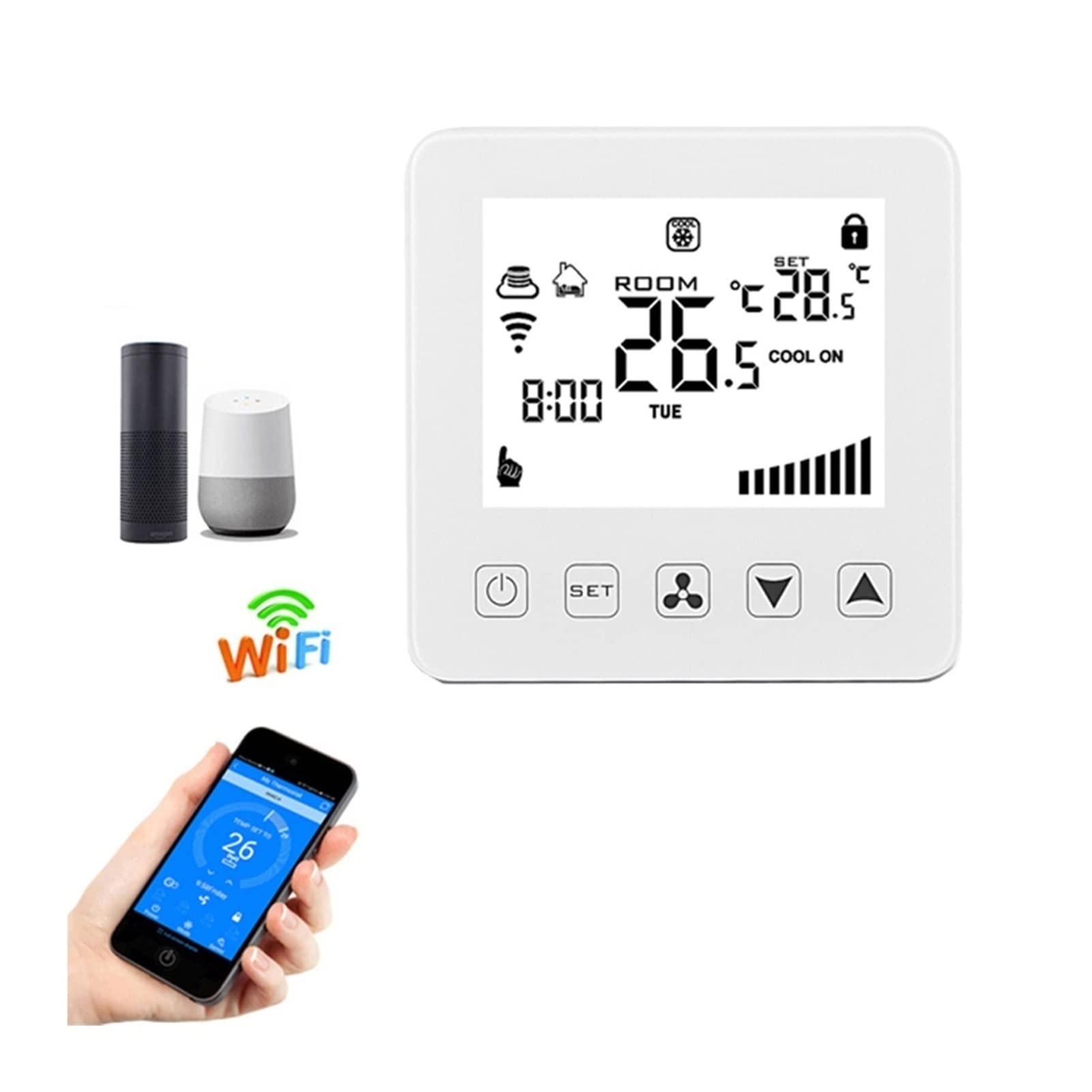 Cyfrowy higrometr termometr wewnętrzny WiFi Smart Thermostat 24V dla centralnych klimatyzatorów Fcu. Wentylacja chłodzenia regulatora temperatury pokojowej Z wyświetlaczem LCD(Green)