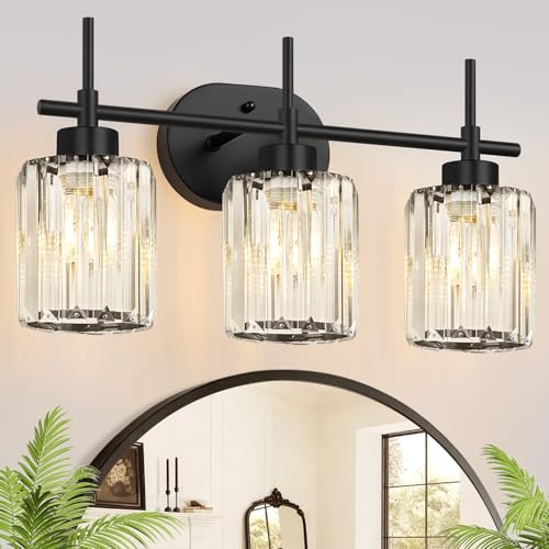 Image of Matte Black Vanity Light, 3-Light Crystal Modern Bathroom Lighting Fixtures Over Mirror, Black Bathroom Vanity Light (Bulbs Not Included)