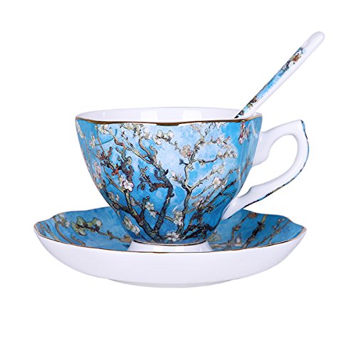 Vincent Willem van Gogh Bone China Tea Cup and Saucer Set With Gift BoxBlossoming Almond Tree Art Coffee Mugs Set