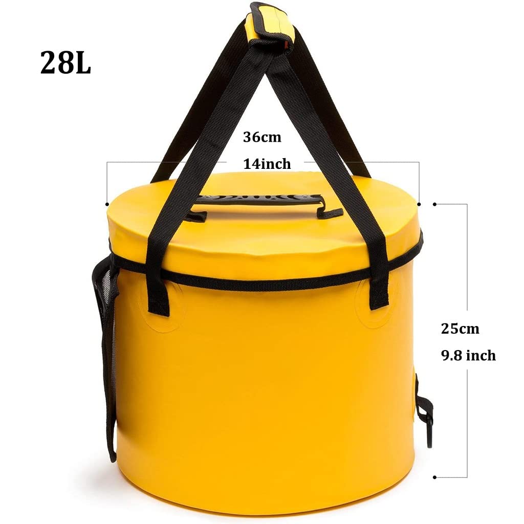 DUNAKE Cubo Plegable para Camping, Cubo De Agua Plegable Multiuso, Cubo De Pesca Plegable, Cubo Plegable Playa con Tapa, Bolsillo De Malla, para Jardinería, Viajes (Color : Yellow, Size : 28L)