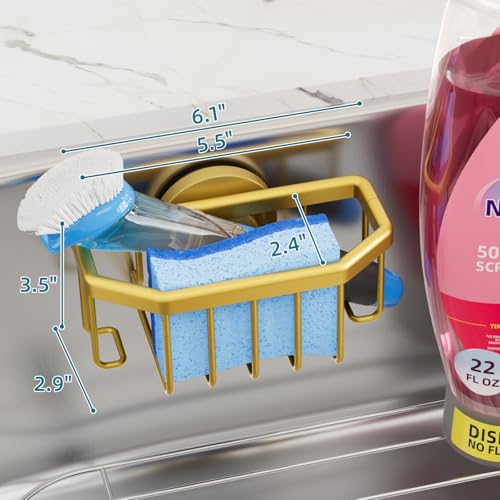 Image of TAILI Sponge Holder for Kitchen Sink with Strong Suction Cup-Gold | Removable Sink Caddy for Kitchen Sink Oganizer, Rustproof Aluminum Sink Sponge Holder for Scraper Brushes, Stoppers