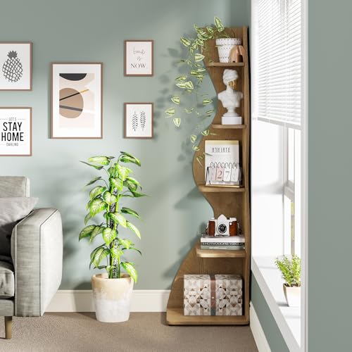 Image of Tribesigns Corner Shelf, Modern 5-Tier Wall Corner Bookshelf, Stylish Corner Small Bookcase Storage Rack Plant Stand with Unique Shape for Living Room, Home Office (Light Brown, 1PC)