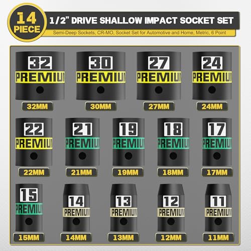 Image of 14-Piece 1 /2 inch Drive Shallow Impact Socket Set, 11-32mm, Semi-Deep Sockets, CR-V, Socket Set for Automotive and Home, Metric, 6 Point