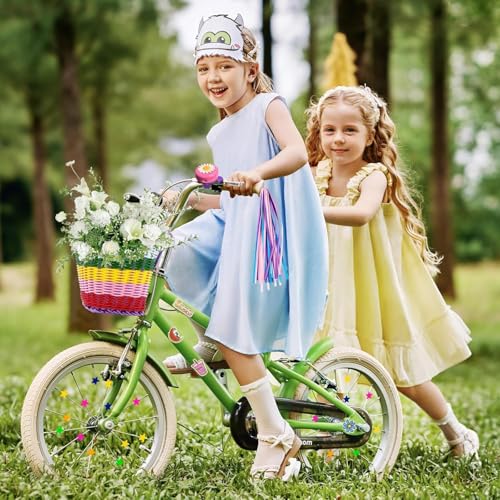 Fahrradkorb Kinder Vorne Fahrradkorb Mädchen Vorne für 14 16 18 20 Zoll Fahrrad Korb mit PU-Gurten, Aufkleber, Lenkerfransen, Fahrradklingel – Fahrrad Zubehör Kinder, Kinderfahrrad Zubehör, Regenbogen