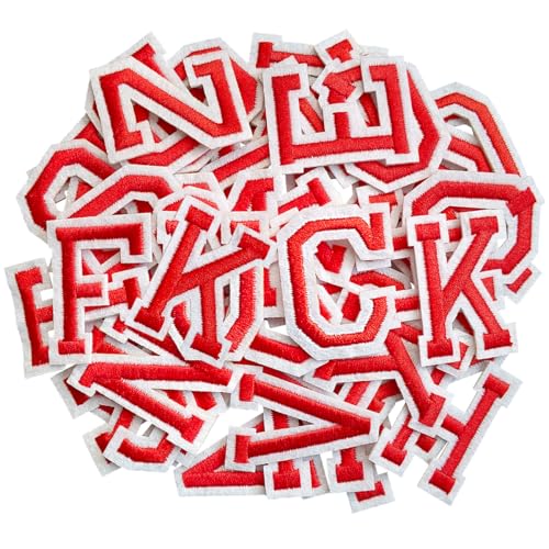 ZESION Iron on Letter 52Pcs Alphabet A to Z Patches with Ironed Adhesive Decorate Repair Patches for Jackets Shirts Hats Bags Jeans/Red