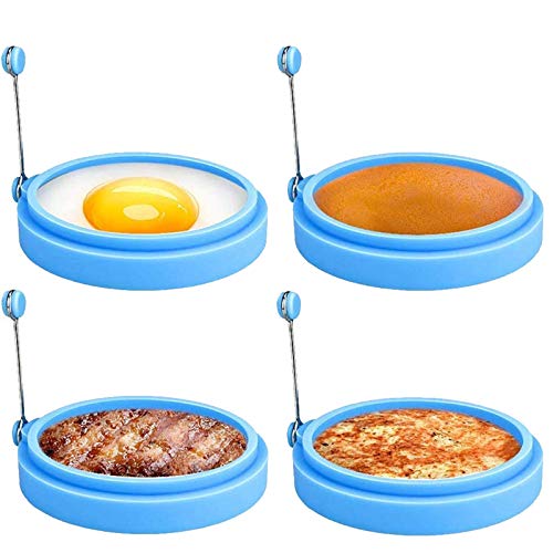 Silicone Egg Rings, 4 Inch Food Grade Egg Cooking Rings, Non Stick Fried Egg Ring Mold, Pancake Breakfast Sandwiches, Egg Mcmuffin Ring(Blue,4Pack)