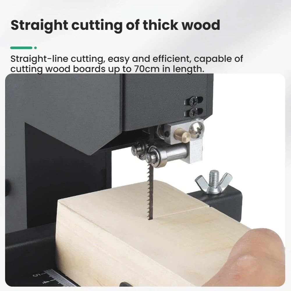 Sierra de cinta de mesa con muela abrasiva para carpintería, potencia de 800 W, altura de corte de 70 mm, ideal para pequeños talleres y cortes de precisión