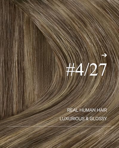 Image of YoungSee Human Hair Weft Extensions 24 Inch Sew in Hair Extensions Real Human Hair, Highlight Dark Brown Mix Caramel Blonde, Remy Hair Extensions Sew in for Low Daily Maintenance 100g