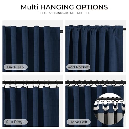INOVADAY 100% Blackout Curtains 90 Inches Length 2 Panels Set, Back Tab/Rod Pocket Linen Black Out Curtains for Bedroom, Thermal Insulated Window Drapes - Midnight Blue, W50 X L90