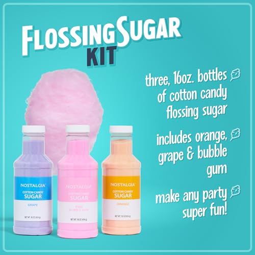 Image of Nostalgia Cotton Candy Flossing Sugar (3-Pack), Grape, Pink Bubble Gum, Orange - Three 16-oz Bottles of Cotton Candy Sugar Mix - 96 Small to Medium Cone Servings