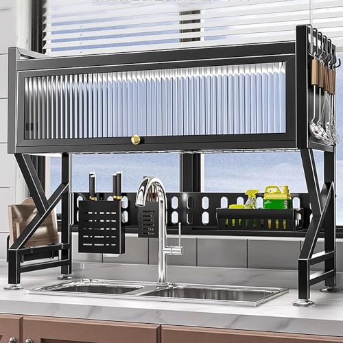 Kitchen Cabinet Expandable Corner Shelf Revolving Storage Rack Over The Sink Dish Drying Rack with Dust Lid 2-Tiers