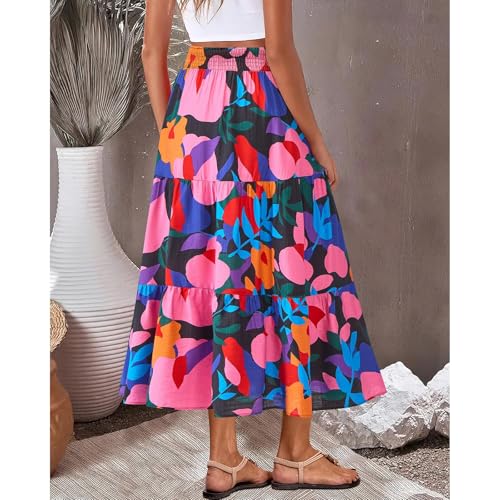 Long Skirts for Women Trendy Summer High Waisted Flowy Tiered Floral Maxi Skirts Casual A-Line Pleated Boho Skirt2