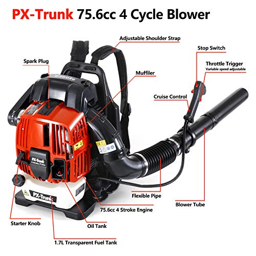 PX-Trunk Gas Leaf Blower 76cc 4 Cycle Engine Backpack Blower Powerful Gas Powered Blower 700 CFM Commercial Blower for Lawn Garden Blowing Leaves Snow Debris and Dust